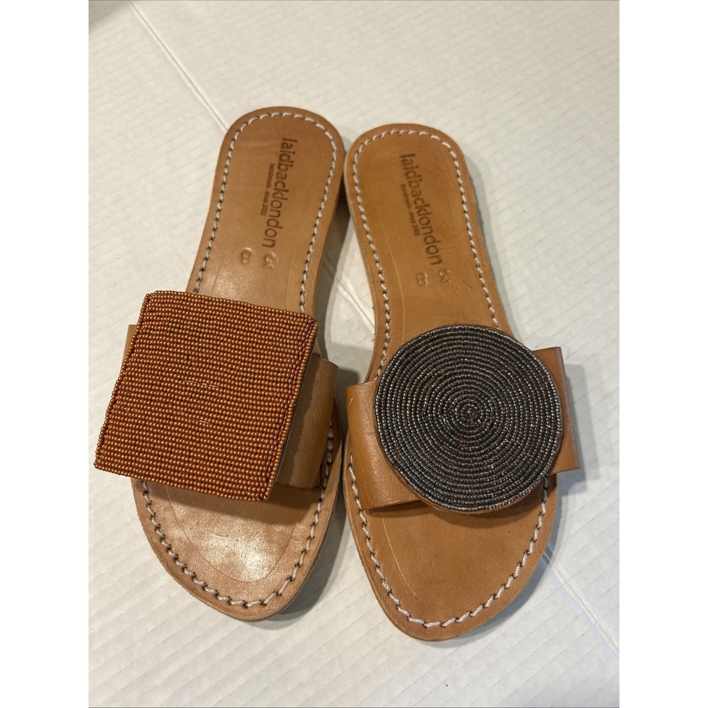 Laidback London Tan Size 38 Slip On Sandals Mixed Matched Beaded Embellishment